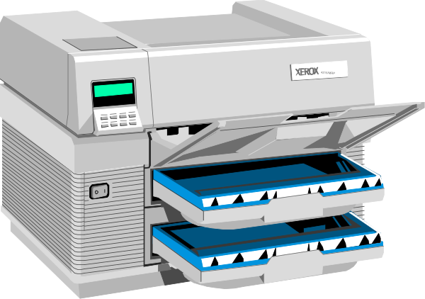 The image shows a digital printer with an open lid revealing its interior components on top of it is another smaller identical machine that appears to be in operation.