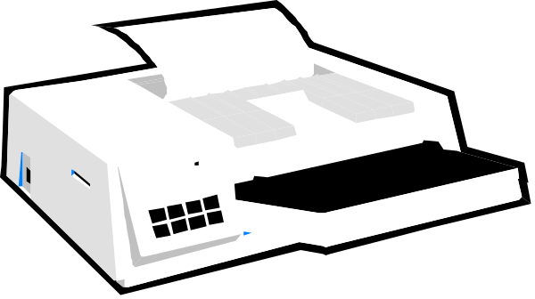 The image shows a white printer with paper inside it on top of an office desk against a black background.