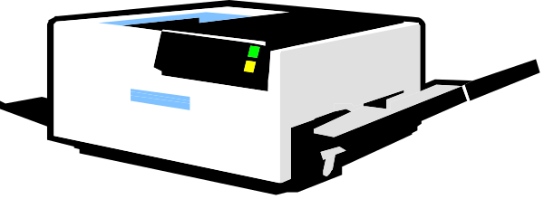 The image shows a pixelated representation of an office printer with paper coming out from its top right corner against a grey background.