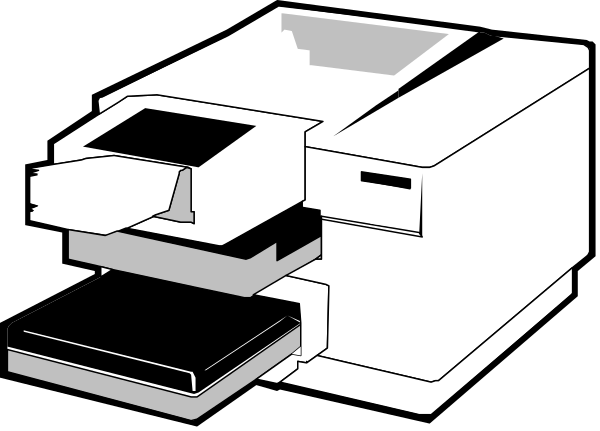 The black and white illustration shows a printer with an open door on top of it sitting next to what appears to be paper in its tray.