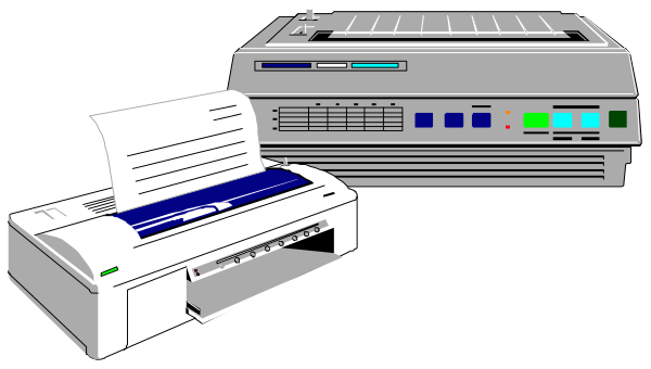 The image shows a printer on top of another machine with an open lid next to it; there is also a computer monitor displaying blue text in front of these machines.