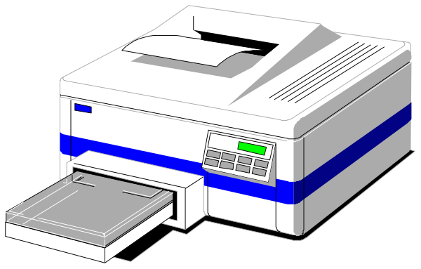 The image shows a printer with an open top on it, revealing its internal components such as paper rollers and ink cartridges inside of what appears to be a computer lab environment.