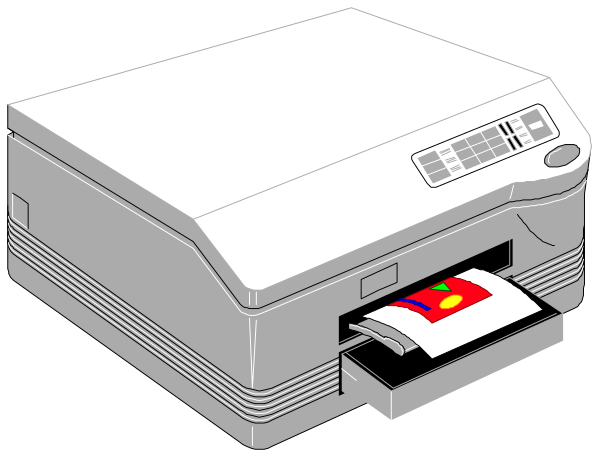 The image shows a printer with an open paper tray on top of it next to another closed printer without any visible branding in what appears to be a computer lab environment.