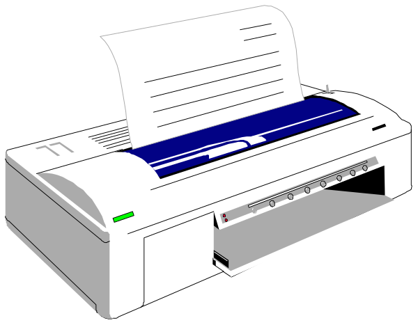 The image shows a printer with paper coming out of it next to an open box containing another identical printer on top of which is a blue ribbon roller.