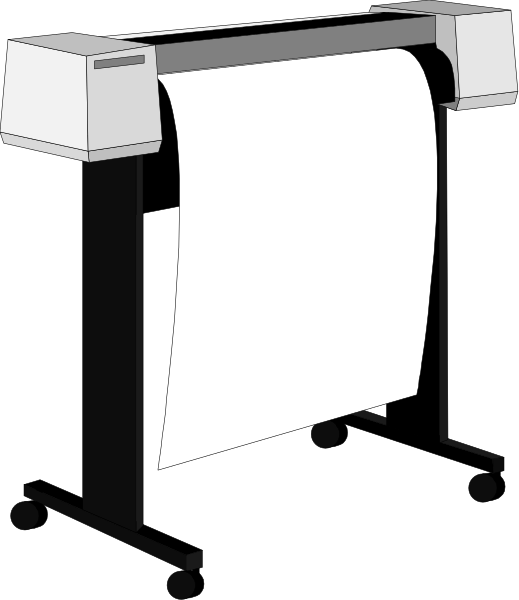 The black and white illustration shows a printer with paper coming out of it on top of an office desk.