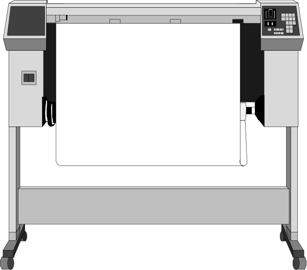 The image shows a black and white illustration of two large industrial printers with blank screens on top, placed side by side in an indoor environment that appears to be a factory floor due to its concrete surface and lack of decorative elements.