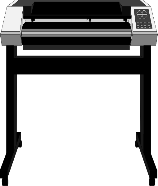The image shows a black and white illustration of an office printer with its door open to reveal empty paper trays inside.