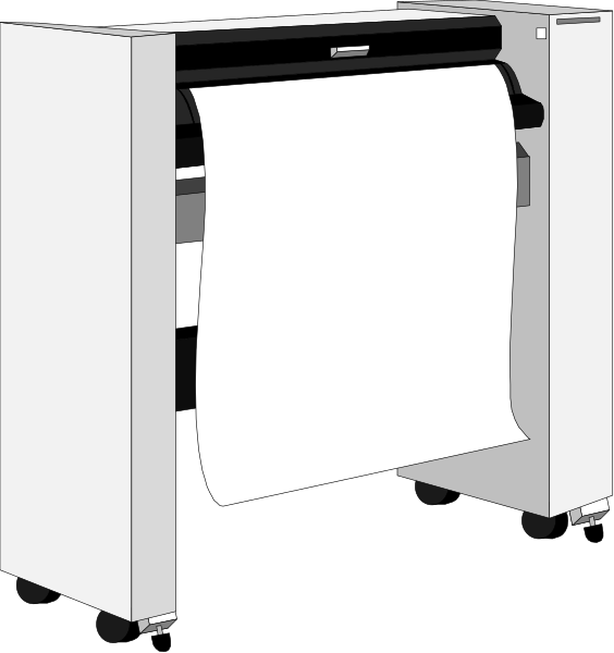The image shows a white paper printer with an open door on top of it against a black background.