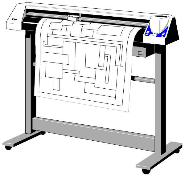 The image shows a large printer with paper inside it on top of which there is an intricate maze-like pattern printed in black ink against a white background.