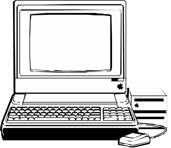The black and white illustration shows a desktop computer with an old CRT monitor on top of it, accompanied by a keyboard to its right side. A mouse is placed in front of the keyboard. To the left of the desk where these items sit, there's another object that appears to be a book or manual. The background behind this scene suggests a dark room setting with no additional details visible due to low light conditions and monochrome color scheme.