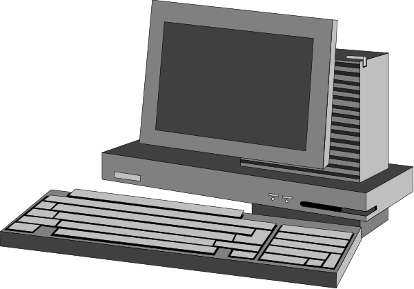 The image shows a desktop computer with an old CRT monitor on top of it placed against a dark background.