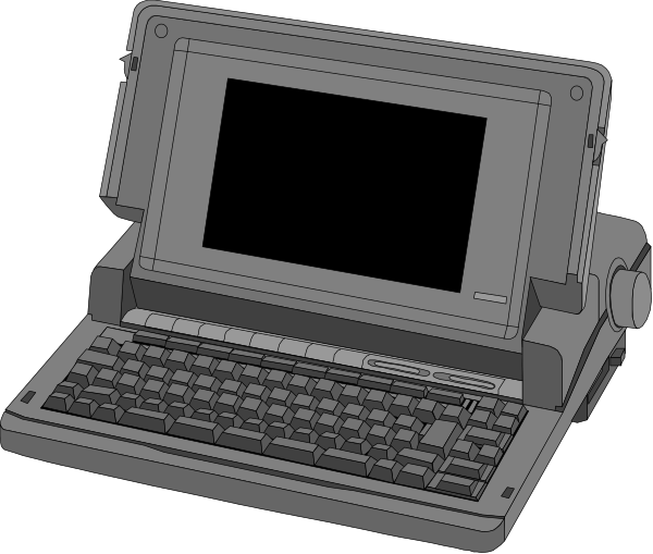 The image shows a laptop computer with an open lid on its screen side, placed next to another closed device that appears similar but smaller in size.