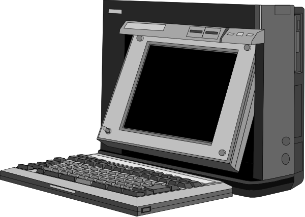 The image shows a computer monitor on top of an open laptop with its keyboard facing upwards against a dark background.