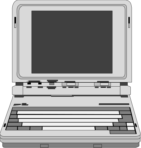 The image shows a laptop computer with an open lid displaying its keyboard on two separate panels: top left is black screen; bottom right has white keys against dark background.