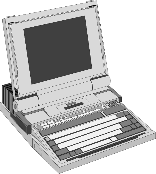 The image shows a laptop computer with an open lid on its screen side, placed against a dark background that has some pixelation effects around it.