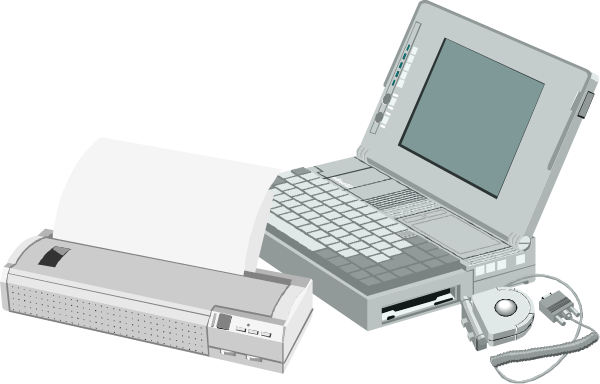 The image shows a laptop computer with its screen open to display an operating system interface on top of it; next to the laptop is another device that appears to be a printer connected by cables; in front of these devices, there's what looks like a CD or DVD disc and possibly some other electronic equipment.