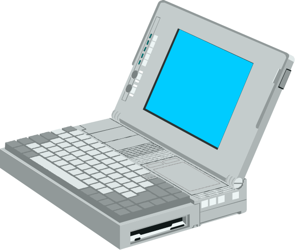 The image shows a laptop computer with an open lid on its screen displaying what appears to be a blank blue window against a white background; next to it is another device that resembles a portable hard drive, and both devices have buttons around their edges.