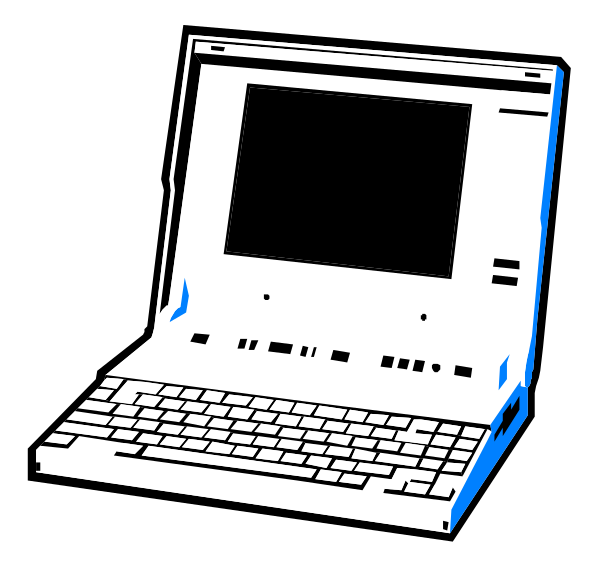 The image shows a laptop computer with an open lid on top of which there is no screen visible; it appears to be powered off as indicated by its darkened state inside what looks like a monitor area at bottom center, and has several ports along one side near where keys would typically be located for input.