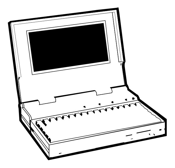 The black and white illustration shows a laptop computer with an open lid on its keyboard side, revealing internal components such as RAM slots and possibly hard drive bays beneath them.