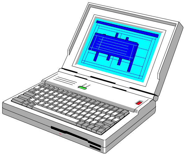 The image shows a vintage laptop computer with an open lid displaying blue graphics on its screen, placed against a dark background; to the right of the laptop is another device that appears similar but smaller in size.