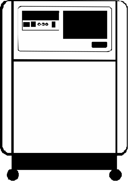 The black and white illustration shows a refrigerator with its door open placed on top of another appliance that appears to be an oven.
