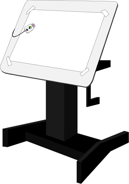 The image shows a black monitor on top of an easel with white paper attached to it against a dark background; there is no text present in this clip-art illustration.