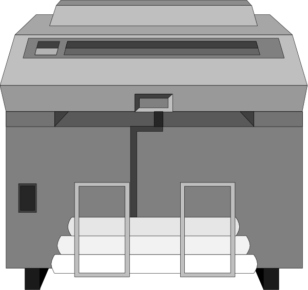 The image shows a black and white illustration of an industrial printer with paper coming out from its front side on top right corner, placed next to another similar machine that is closed in bottom left corner against a dark background.