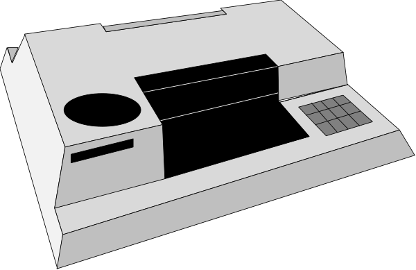 The black and white illustration shows a vintage calculator on top of an old computer monitor with buttons visible; both devices appear to be from different eras due to their distinct designs.