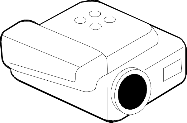 The black and white illustration shows a camera with an attached lens on top of it placed next to what appears to be a small robot-like device that has wheels at its base.