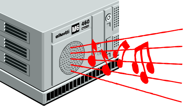 The image shows a computer tower with music notes emanating from it as if playing an instrument, set against black background; there is no text present in this clip-art illustration.