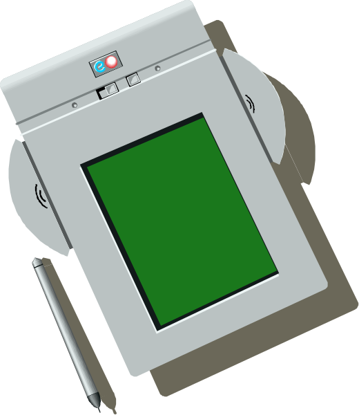 The image shows a digital drawing of an open laptop with its screen displaying what appears to be a blank document on top of which is placed a pen lying diagonally across it from one corner to another; next to this setup, there's a small sketch or doodle that resembles the shape and size of a tablet.