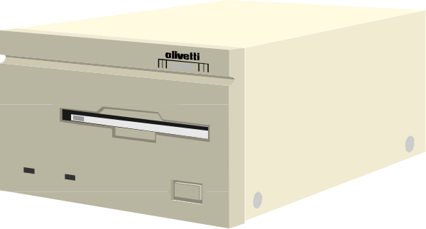 The image shows a beige computer tower with two visible floppy disk drives on its front panel.