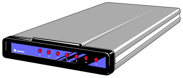 The image shows a black electronic device with red lights on it placed against a dark background.
