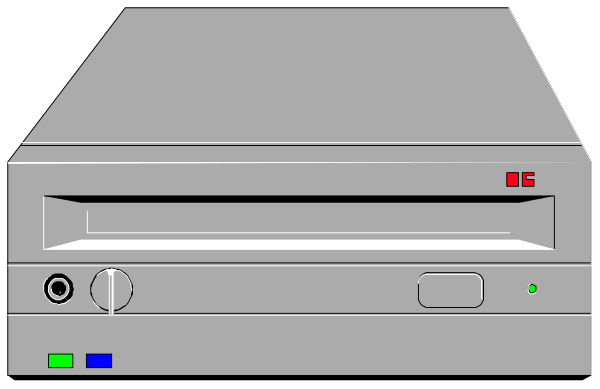 The image shows a gray computer tower with an open side panel revealing internal components such as hard drive bays on top of each other in front of it; there is also what appears to be a power button located near these drives, and below them, two USB ports can be seen along the bottom edge.
