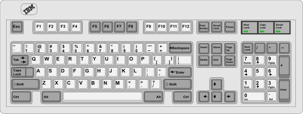 The image shows a computer keyboard with various keys labeled for different functions such as letters, numbers, symbols, function keys, arrow keys, shift key, control key, alt key, space bar, enter key, escape key and others.