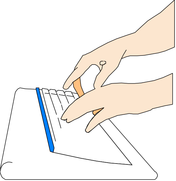 The first panel shows a hand holding an orange pen over a keyboard with white keys; the second panel depicts another person's hands typing on that same computer keyboard while looking at something off-screen to their right, which is obscured by the image frame.