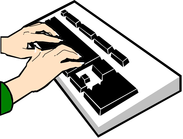 The image shows a person's hands typing on a computer keyboard with an overhead view of the keys being pressed down by their fingers.