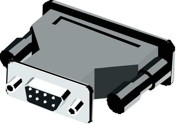 The image shows a black and white illustration of an electronic device with various ports on it against a dark background.