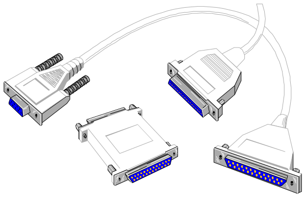 The image shows a collection of computer hardware including Ethernet cables connected to network adapters with blue LED lights indicating connectivity status.