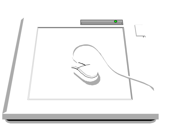 The image shows a white computer mouse on top of an open laptop with its screen facing upwards to reveal some content inside it; next to these devices is what appears to be a small printer or scanner machine, also in shades of gray and black tones.