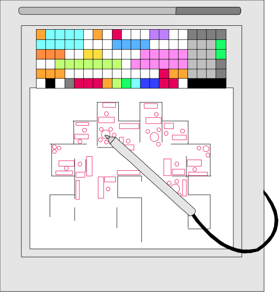 The image shows a computer screen with an open spreadsheet program displaying colorful cells that resemble a floor plan of rooms in different shades; there's also a cursor pointing at one cell on this grid, and to its right is another window showing what appears to be a 3D model or rendering based on the layout from the spreadsheet. The overall impression suggests an interface for designing room arrangements within a building using color-coding possibly representing different materials or furniture types. There's also a small illustration of a hand holding a pen, suggesting that one can draw and edit
