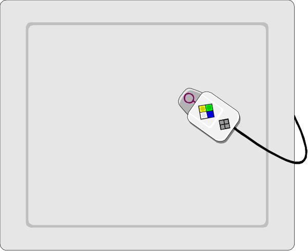 The image shows a computer monitor with an open window displaying various icons on its desktop screen. There is also a small white object resembling a USB device plugged into one of the ports at the bottom front corner of the monitor, and it appears to be connected by wires or cables that are not visible in this image. The background behind the computer setup seems plain with no distinct features other than being grayish-white.