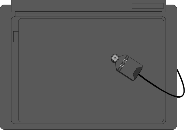 The image shows a laptop with an attached power cord on its side placed against a dark background.