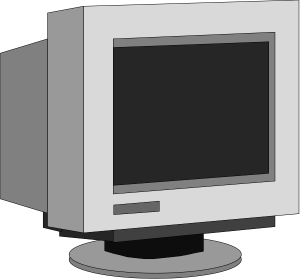 The image shows a computer monitor with no visible content on its screen placed next to an older model desktop computer tower.