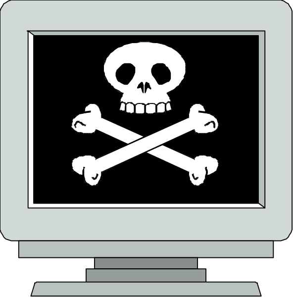 The image shows a computer monitor with an icon of a skull crossed by bones on it against a black background; to its right is another screen displaying what appears to be a pirate flag symbolizing danger or unauthorized access, and below that screenshot there's part of a keyboard visible in the lower left corner.