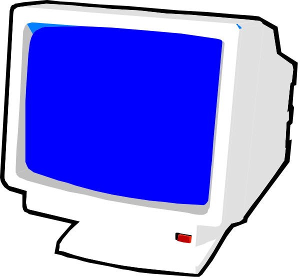The image shows a computer monitor with no content displayed on it next to an older model desktop computer tower.