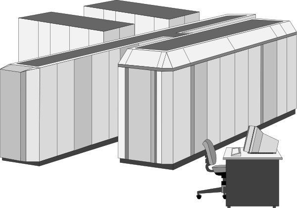 The black and white illustration shows a modern office building with multiple floors of cubicles on each level, an open floor plan layout visible from above, featuring desks in rows along one side, chairs at workstations, and what appears to be a reception area or lobby space near the center front.