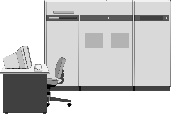 The black and white illustration depicts an office cubicle with a desk containing two computer monitors on either side of it; in front is a chair facing towards another empty workstation across from it.