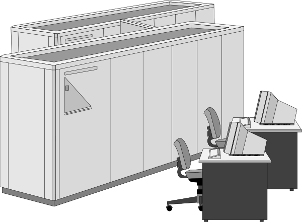 The image shows a black and white floor plan of an office space with cubicles on either side, desks at each end, and a reception area in front.