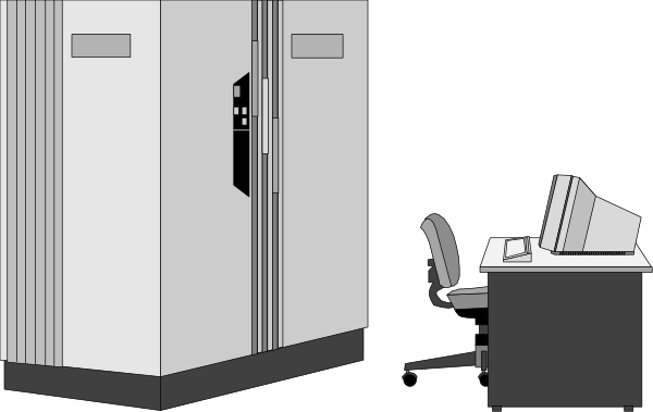 The image shows a black and white illustration of an office space with two desks: on the left is a desk equipped with computer equipment including monitors; in front of it sits a chair facing away from us, suggesting someone working there. On the right side of the room stands another larger cabinet-like structure that could be used for storage or as part of the workspace setup. The office appears to have an open layout and is well lit by natural light coming through windows on both sides not visible in this image.